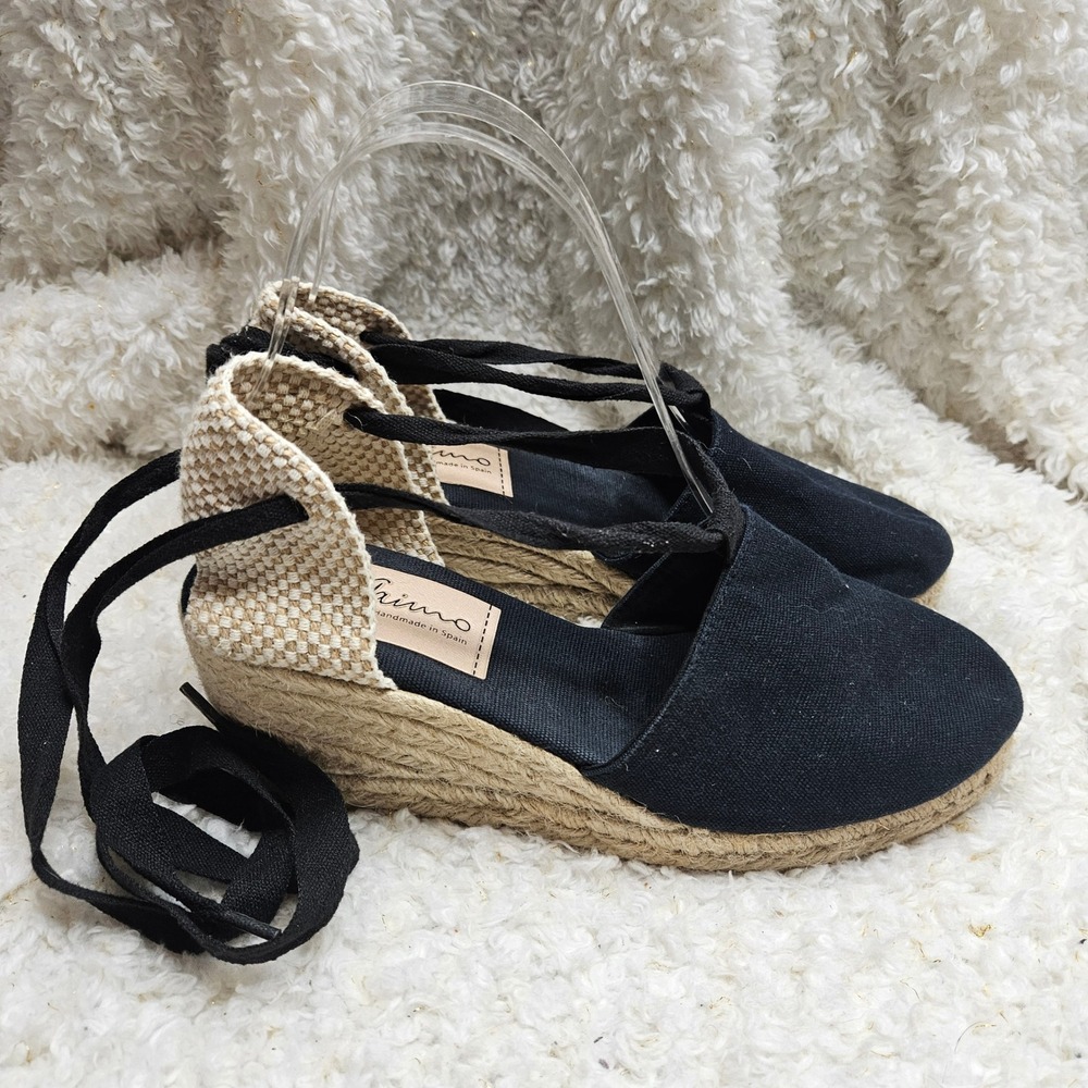 Gaimo Anthropologie Valencia Navy Blue Ankle Wrap Espadrille Wedges sz 38